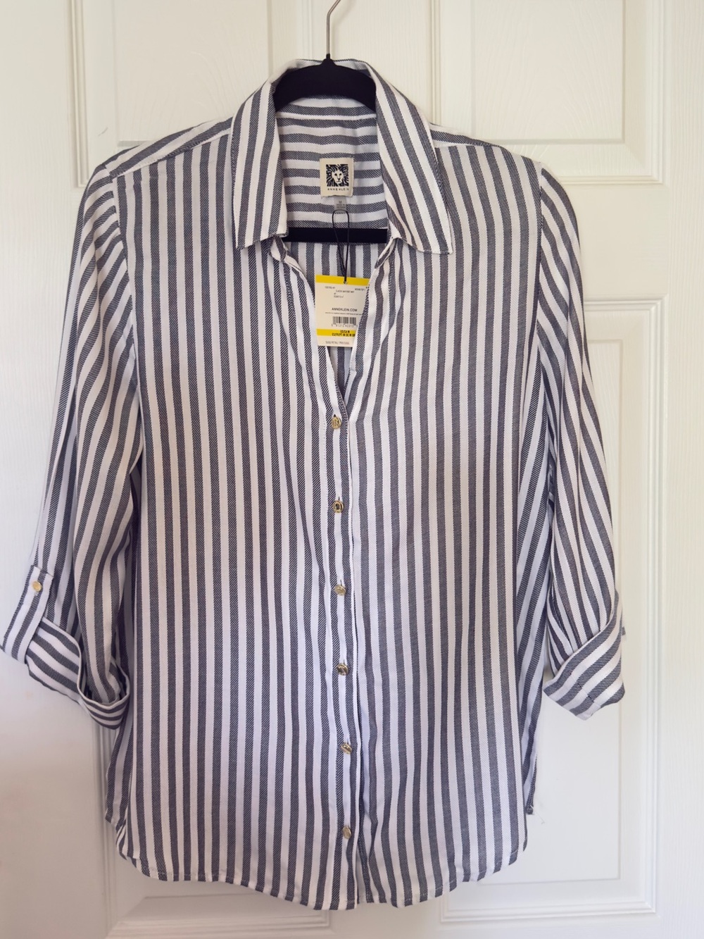 Anne Klein Navy and White Striped Button-Front Blouse